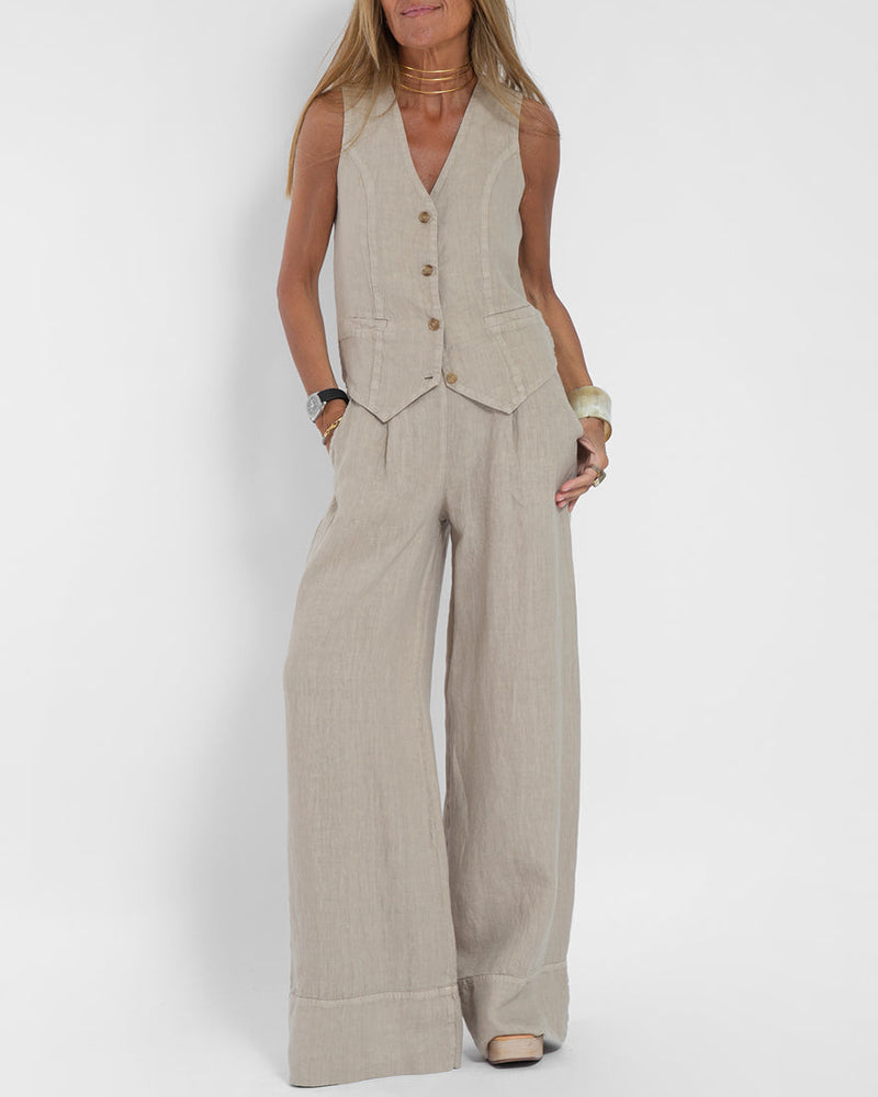 GRACEY | Elegant linen cardigan and wide-leg pants set