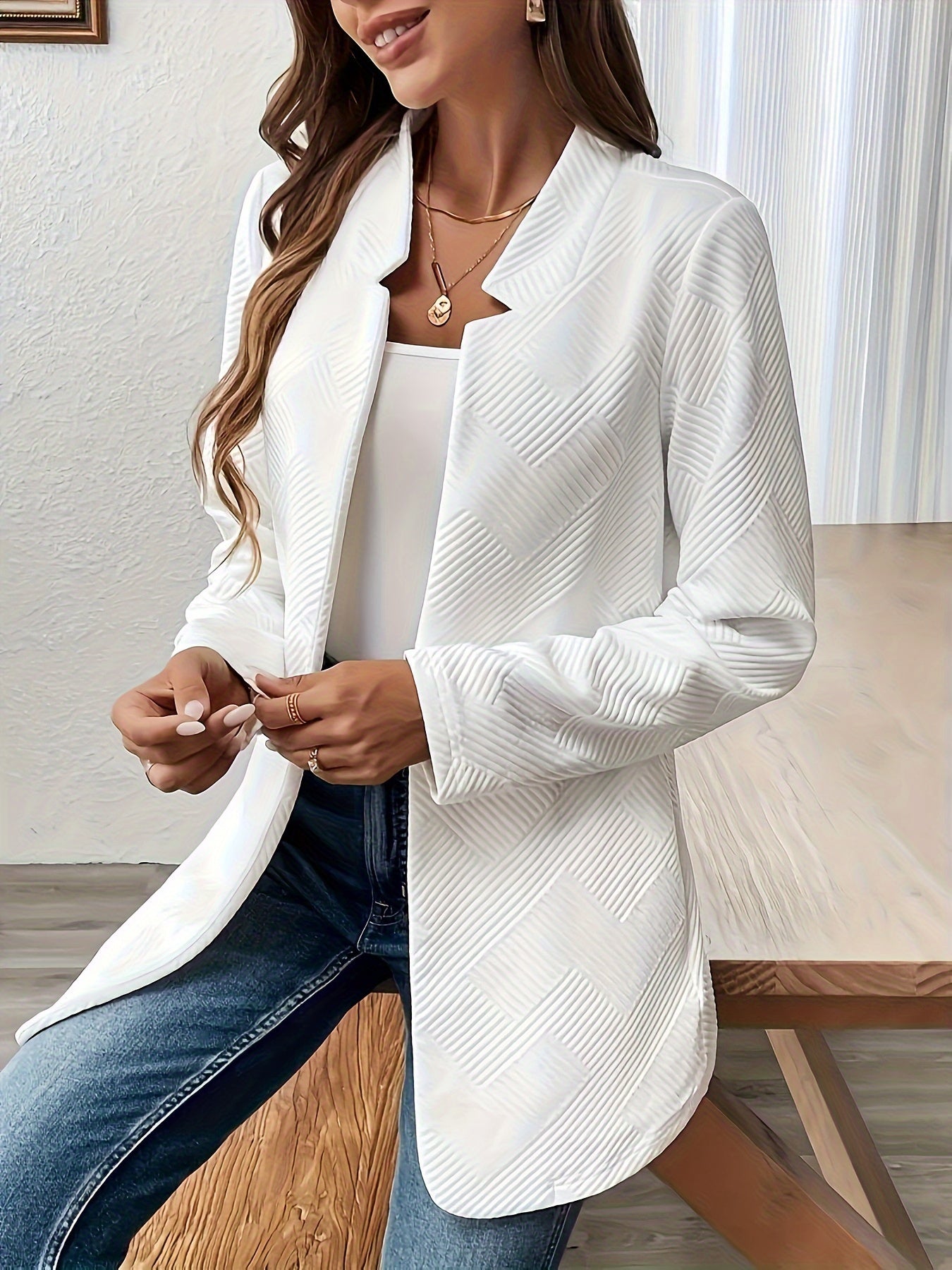 Emma | Plain textured open-front blazer with long sleeves