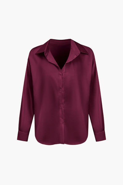 Lillian - Basic Plain Satin Women's Long Sleeve Shirt