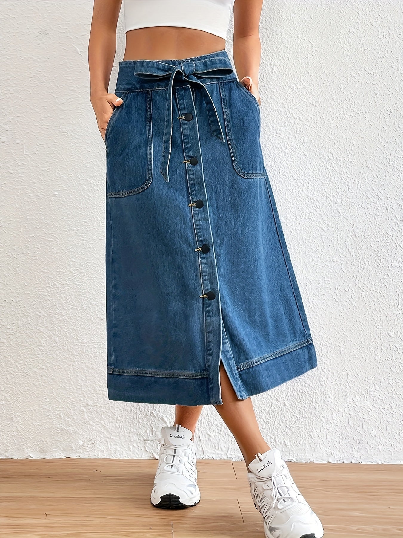 Anna | Effen denim midi rok met strikceintuur