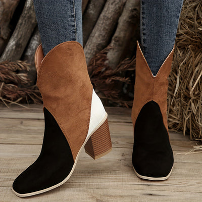 Chique dames enkellaarzen | Borduursel, vierkante neus, dikke hak, instap cowboystijl in fluweel & denim
