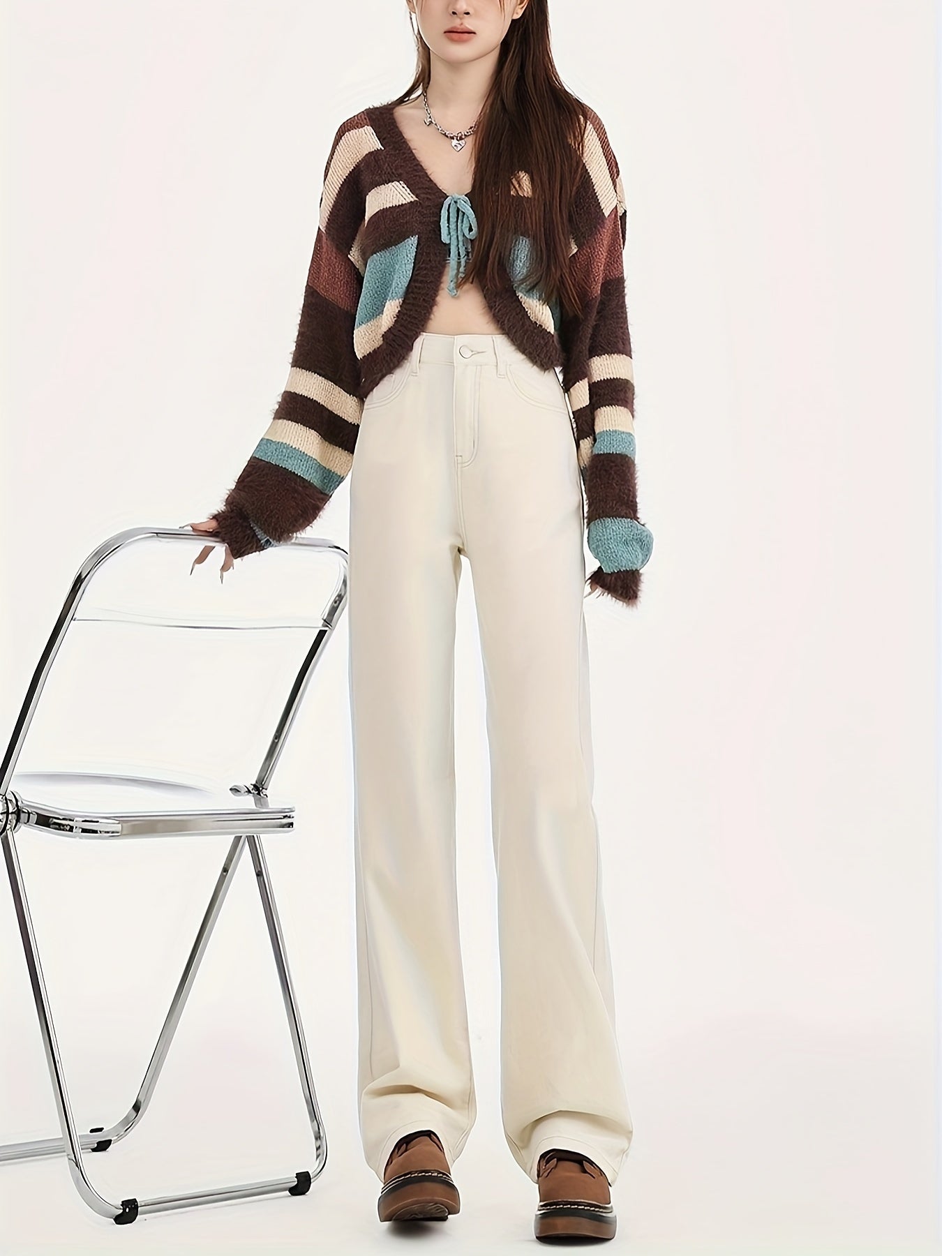 Lotte | Elegant high-waisted ivory wide-leg jeans