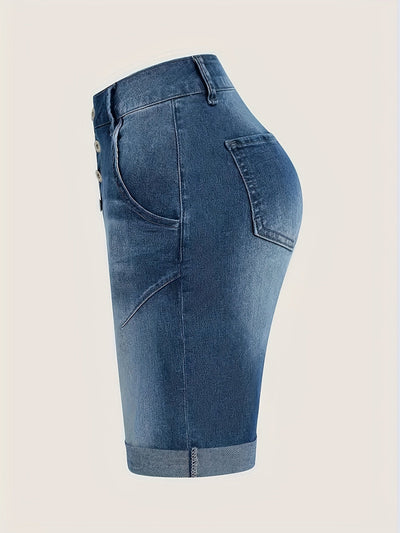 Demi | Blauw gewassen denimshorts met hoge taille en oprolbare zoom