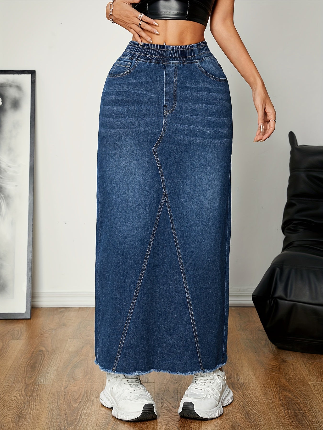 Emma | Plain washed blue streetwear maxi denim skirt