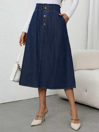 Fleur | High-waisted denim A-line midi skirt with button closure
