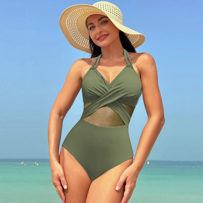 One-piece swimsuit summer solid color cross strap 