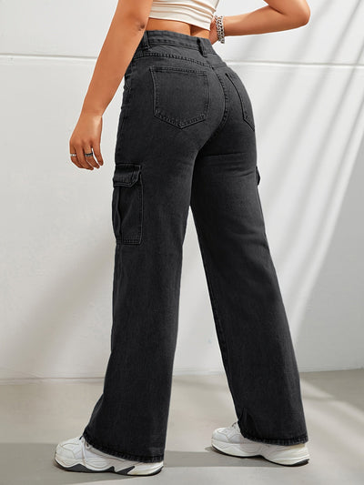 Noa | Casual denim cargobroek met wijde pijpen en hoge taille