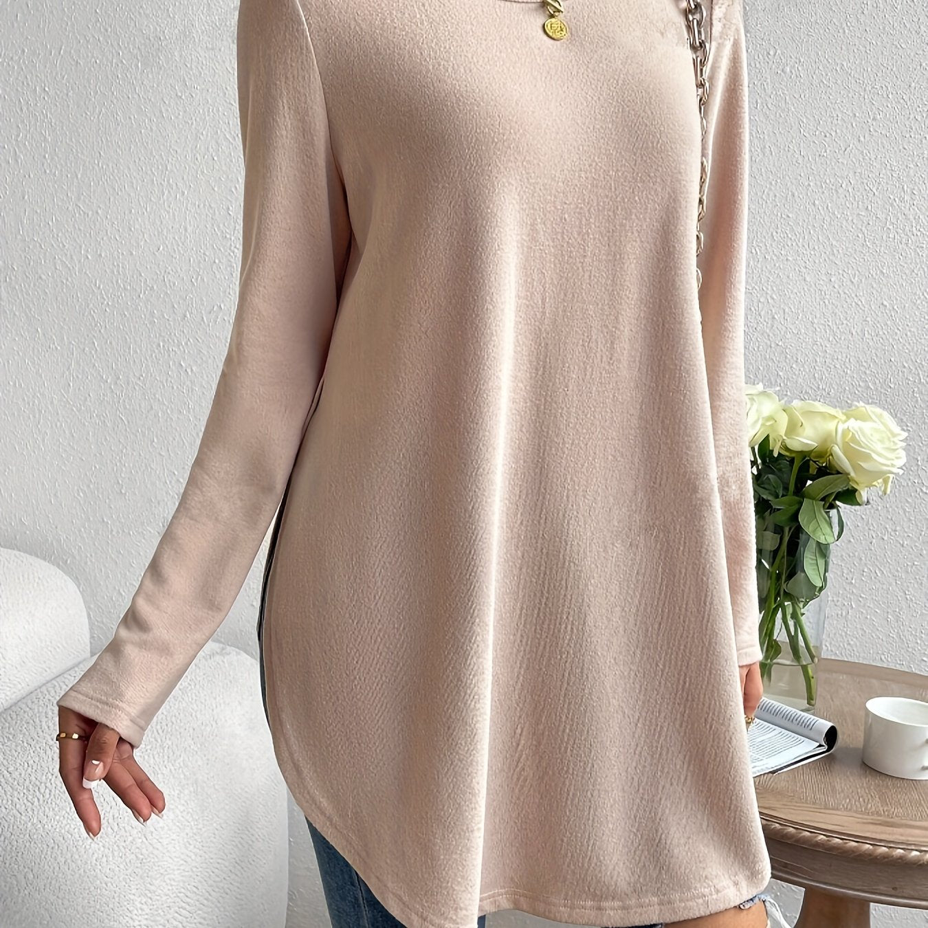 Sophie | Effen kleur dames T-shirt met lange mouw en gebogen zoom