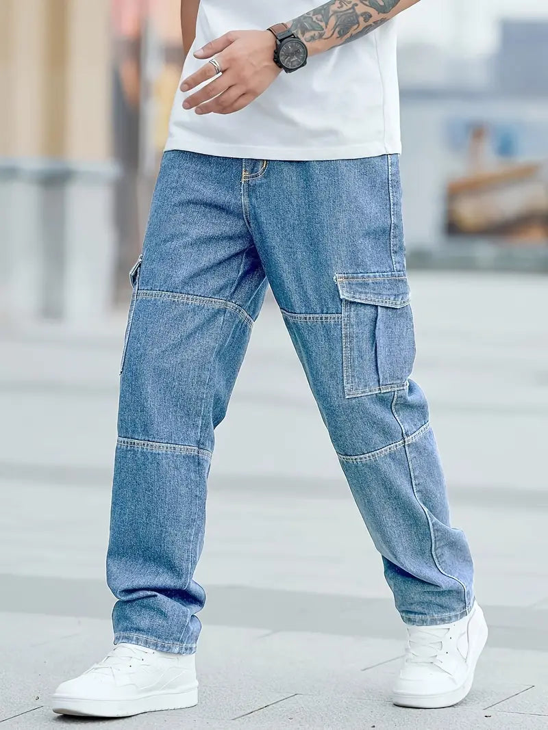 Katoenmix, multi-pocket, all-season denim in diepblauw