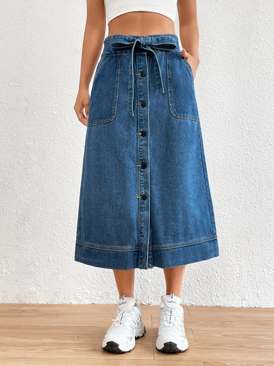 Anna | Effen denim midi rok met strikceintuur