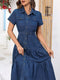 Lara | Effen gewassen blauwe midi denim jurk