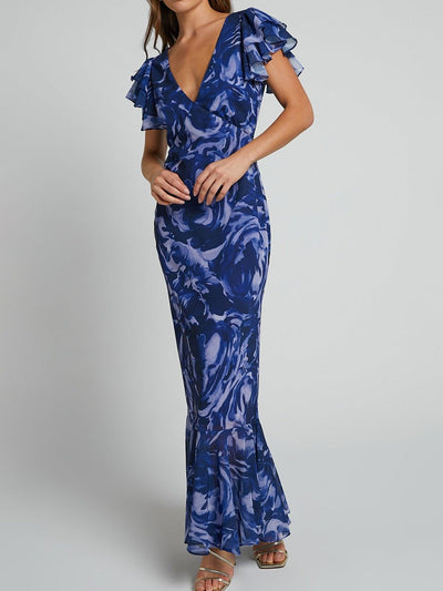 Sarah - Bedrukte chiffon maxi-jurk met V-halslijn