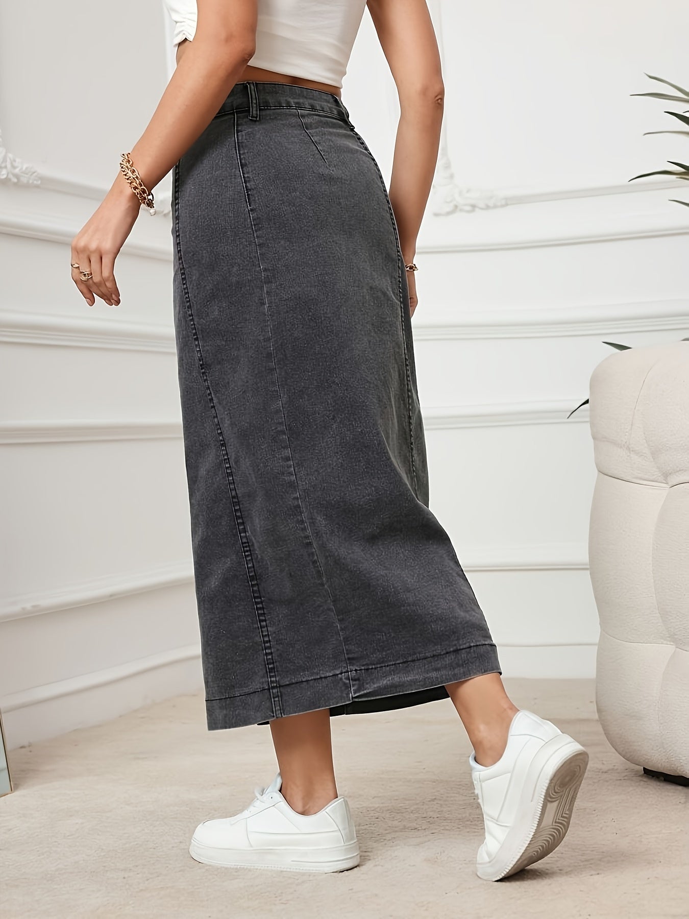 Eva | Plain washed high-waisted maxi denim skirt