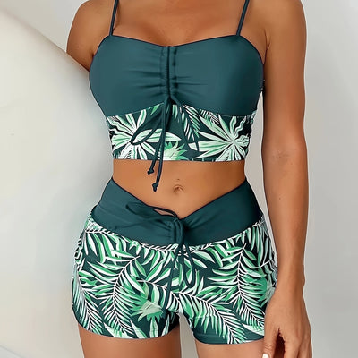 Noa | Twee-delige bikini set met bladprint en boyshorts
