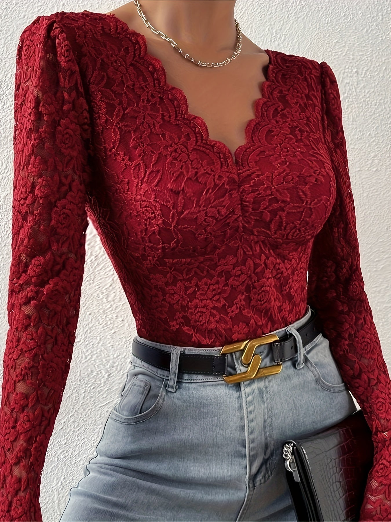 Emma | Sexy, elegant, semi-sheer bodysuit with lace scallop trim and long sleeves