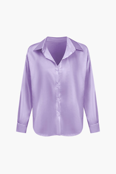 Lillian - Basic Plain Satin Women's Long Sleeve Shirt