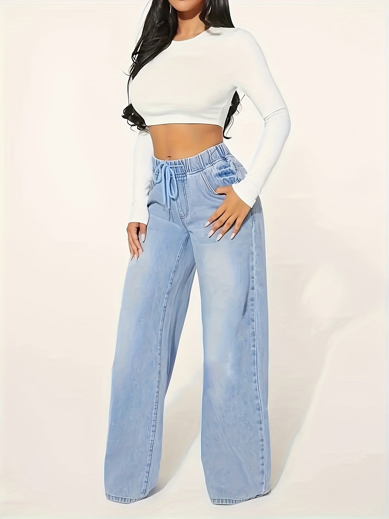 Elise | Plain washed blue casual jeans with elastic waist