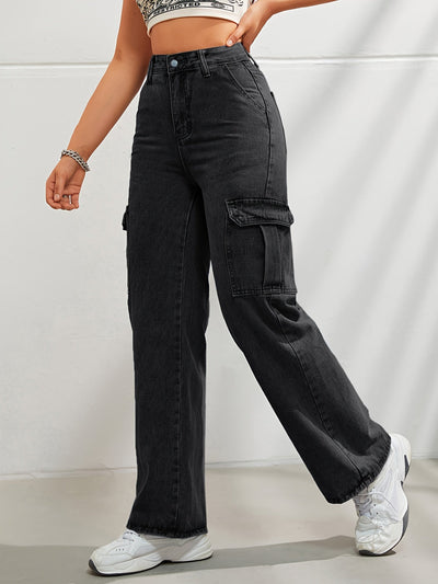 Noa | Casual denim cargobroek met wijde pijpen en hoge taille
