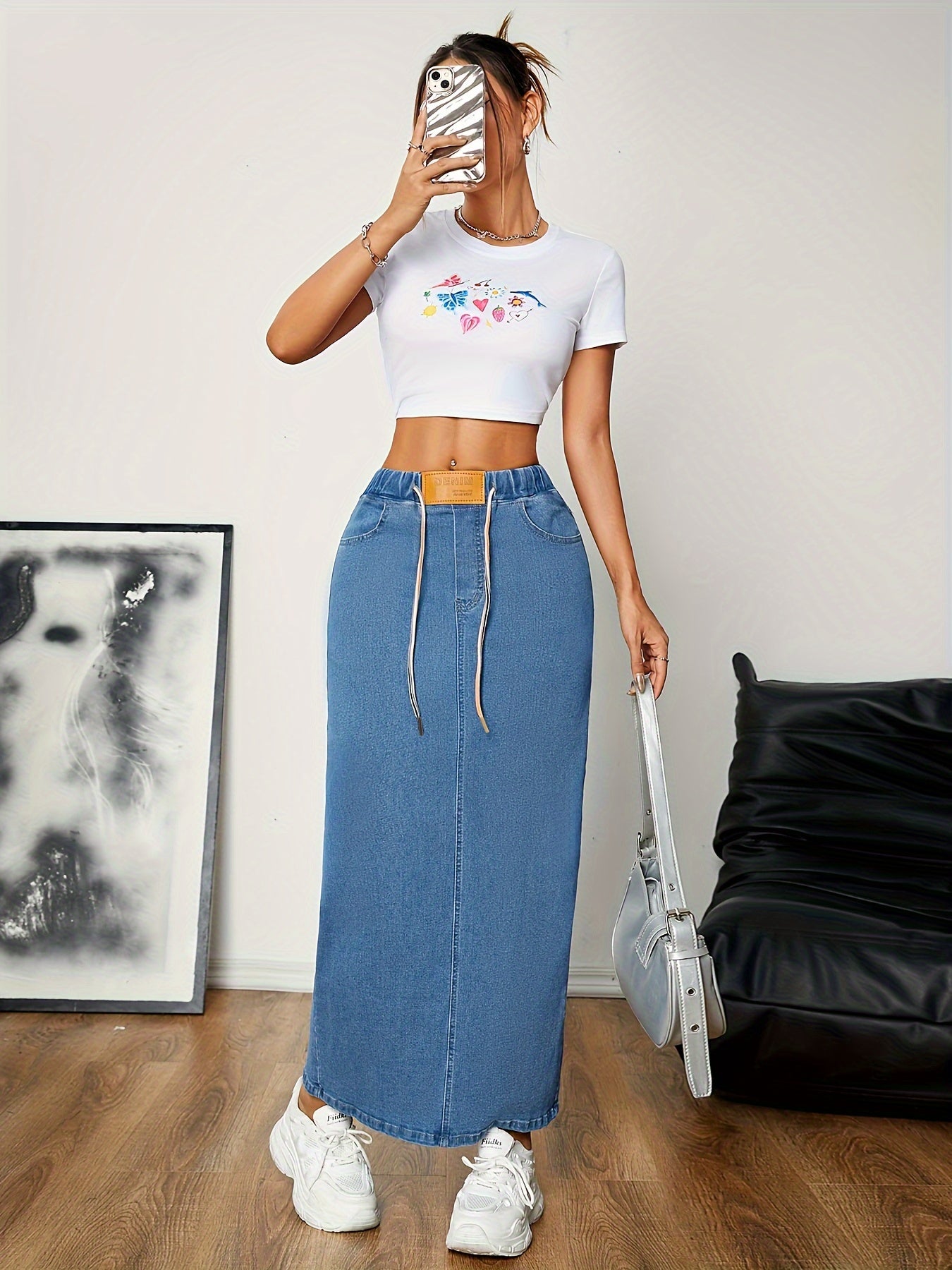 Anna | Gewassen blauwe casual maxi denim rok met elastische taille en split achterzoom