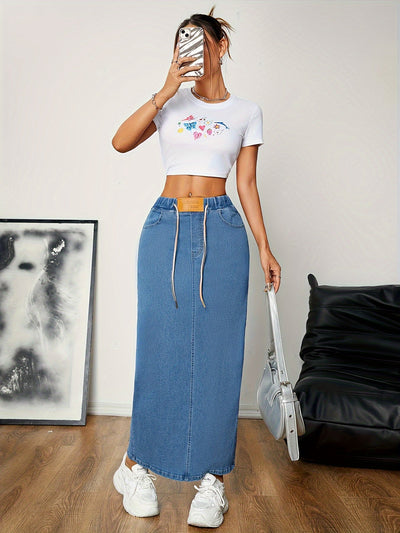 Anna | Gewassen blauwe casual maxi denim rok met elastische taille en split achterzoom