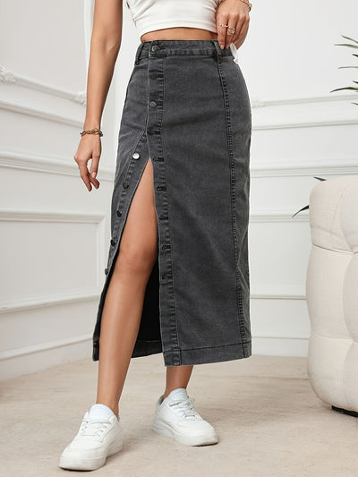 Eva | Plain washed high-waisted maxi denim skirt