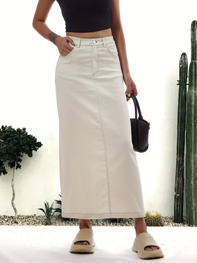 Emma | Plain white split back hem casual maxi denim skirt