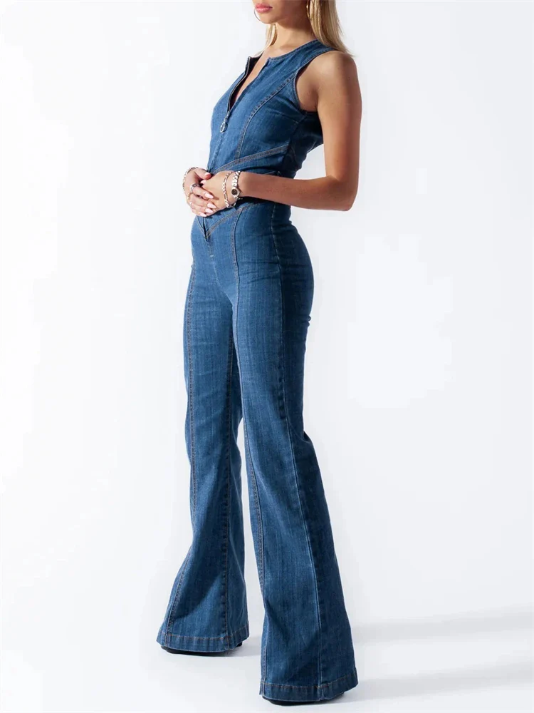 Denim Jumpsuit Women – Sleeveless with Open Back and Flared Legs