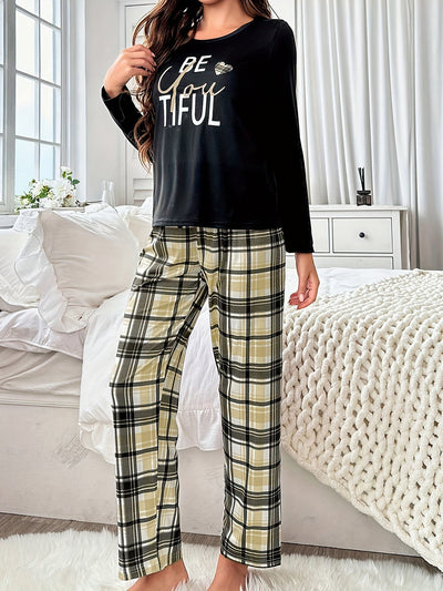 Sophie | Geruite pyjama set met lange mouwen en elastische broek