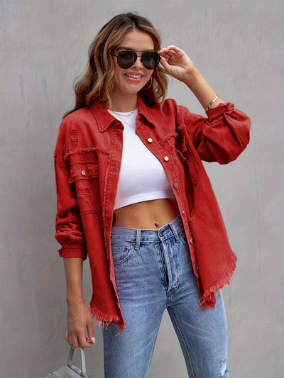 Mara | Plus size denim jas met gescheurde ruwe zoom