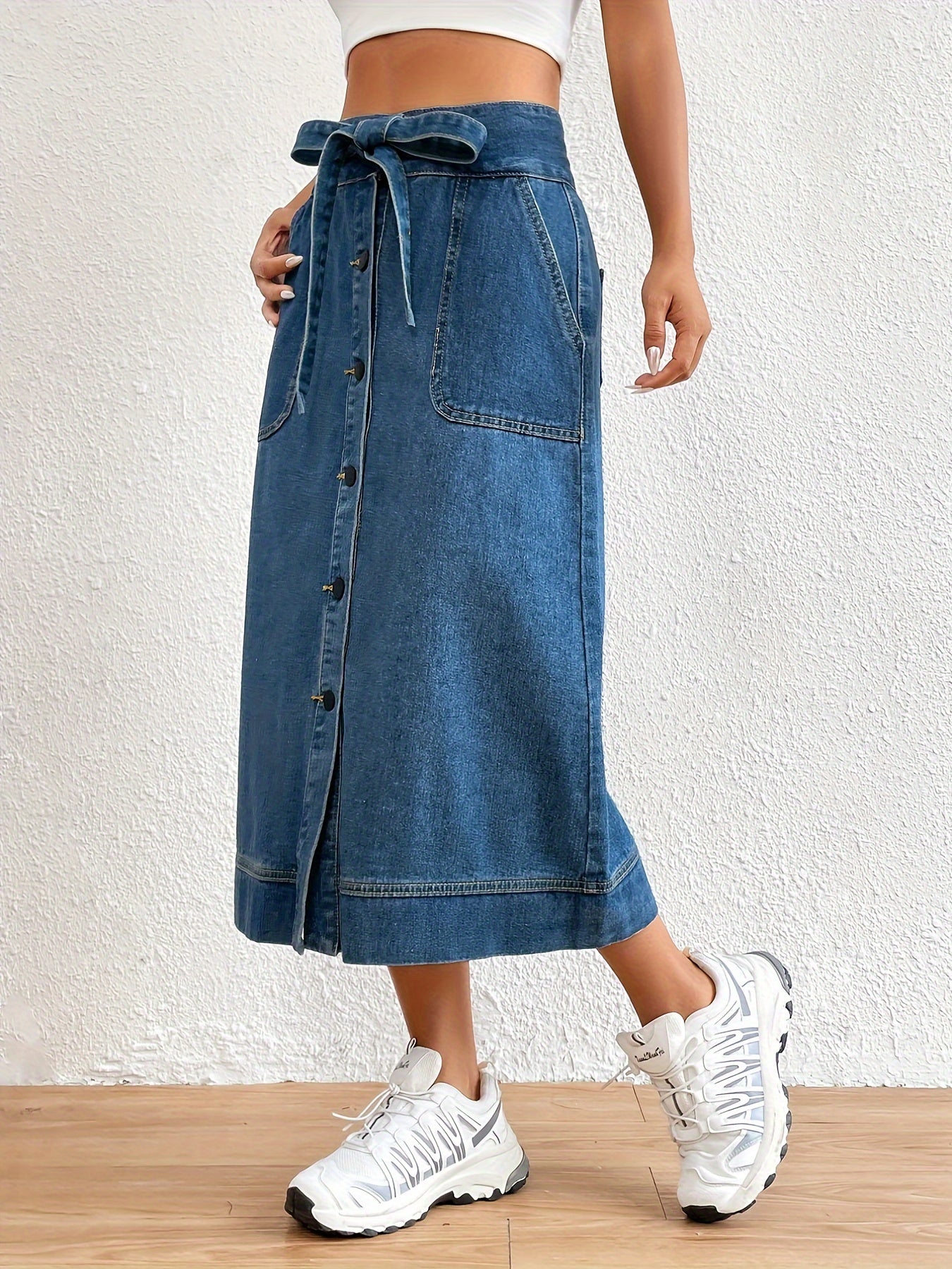 Anna | Effen denim midi rok met strikceintuur