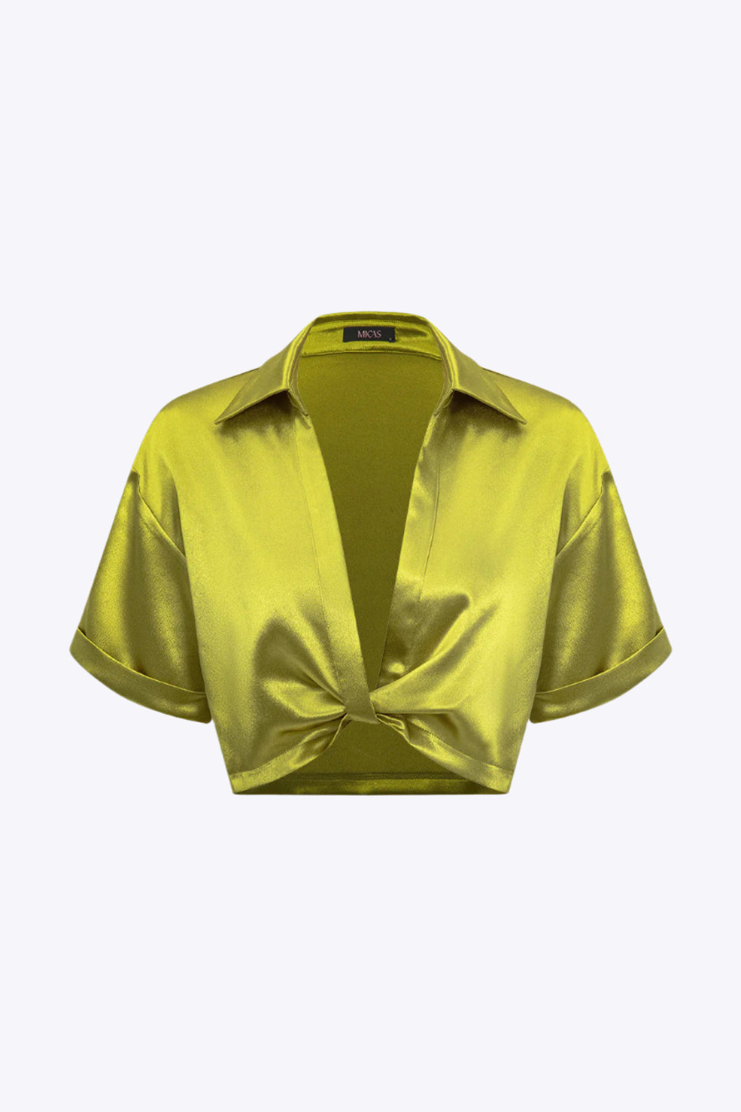 Priya - Elegante Satijnen Twist Knoop Korte Mouwen Shirt voor Dames