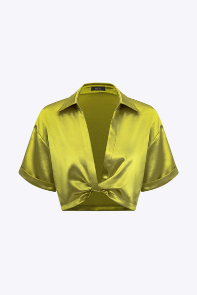 Priya - Elegante Satijnen Twist Knoop Korte Mouwen Shirt voor Dames