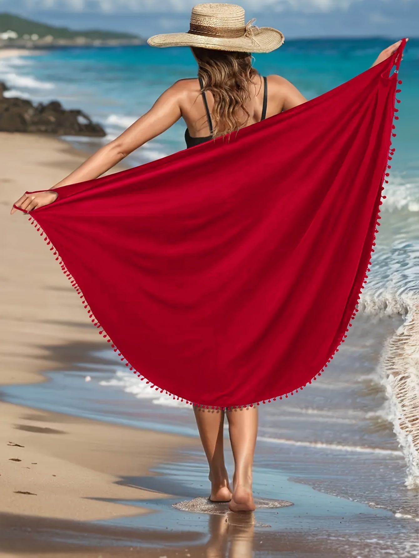 Emma | Effen maxi strandjurk met pom-pom-decor en V-hals