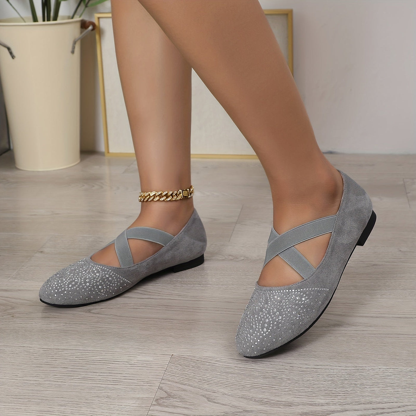 Elise | Rhinestone decor ballet flats with elastic cross strap