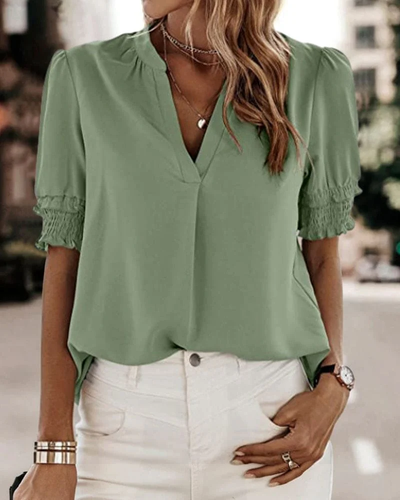 Dames Blouse – Korte Mouwen met V-Hals en Elastische Boorden