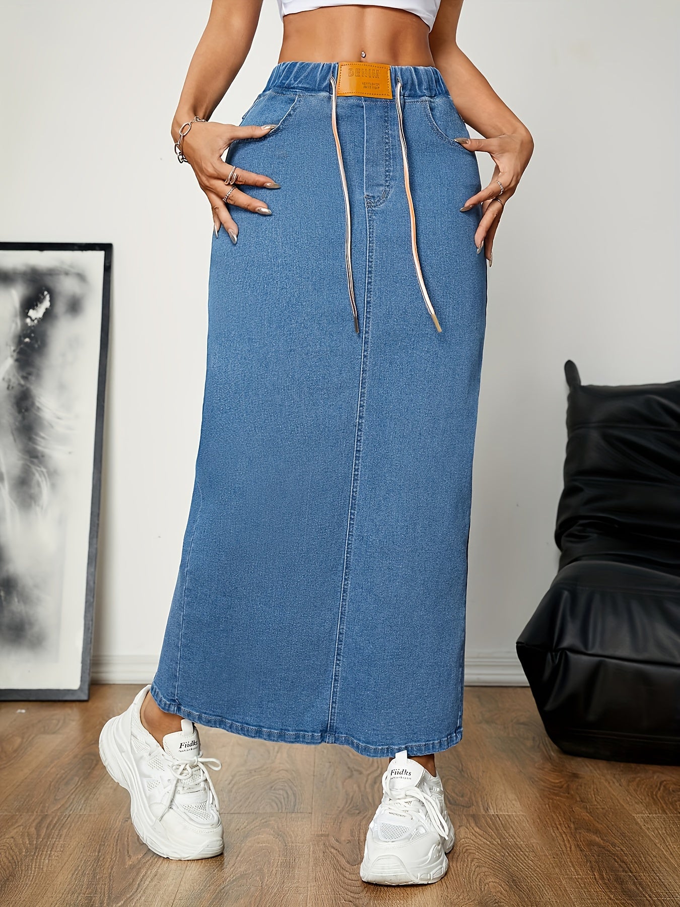 Anna | Gewassen blauwe casual maxi denim rok met elastische taille en split achterzoom