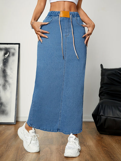 Anna | Gewassen blauwe casual maxi denim rok met elastische taille en split achterzoom
