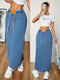 Anna | Gewassen blauwe casual maxi denim rok met elastische taille en split achterzoom