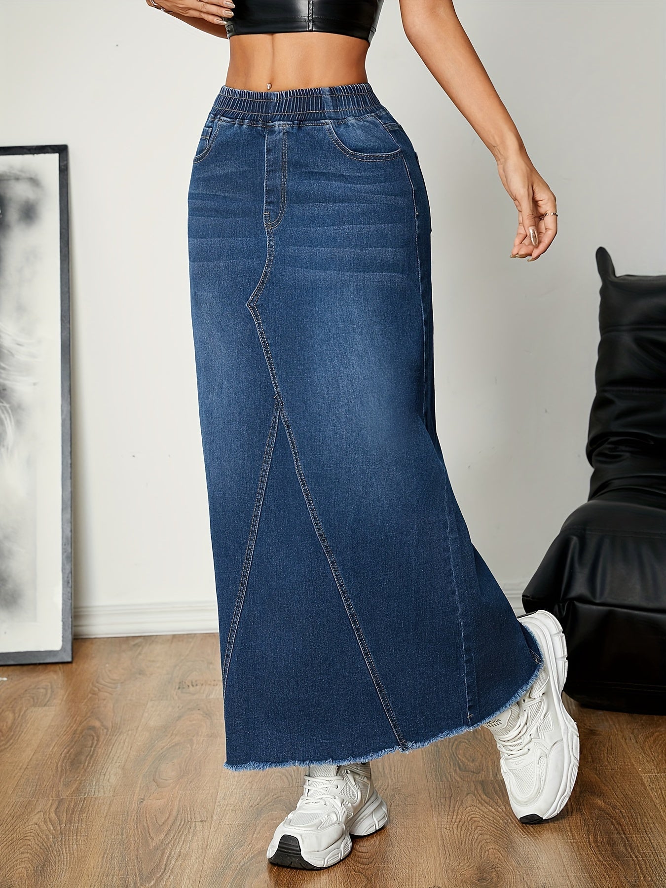 Emma | Plain washed blue streetwear maxi denim skirt
