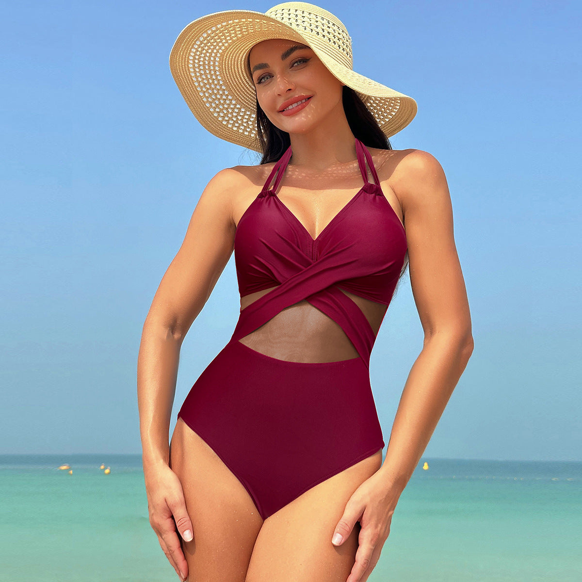 One-piece swimsuit summer solid color cross strap 