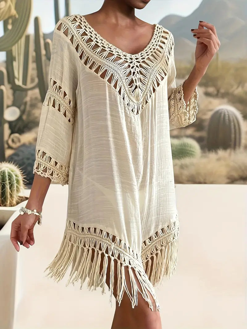 Arielle - boho strandjurk met macramé franjes en V-hals