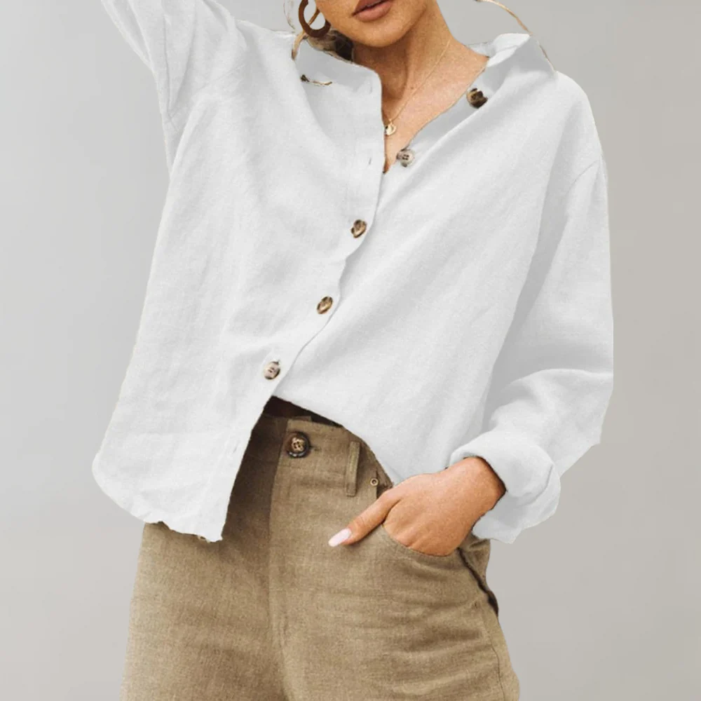 Linen Blouse with Button Closure – Casual Loose-Fitting Model