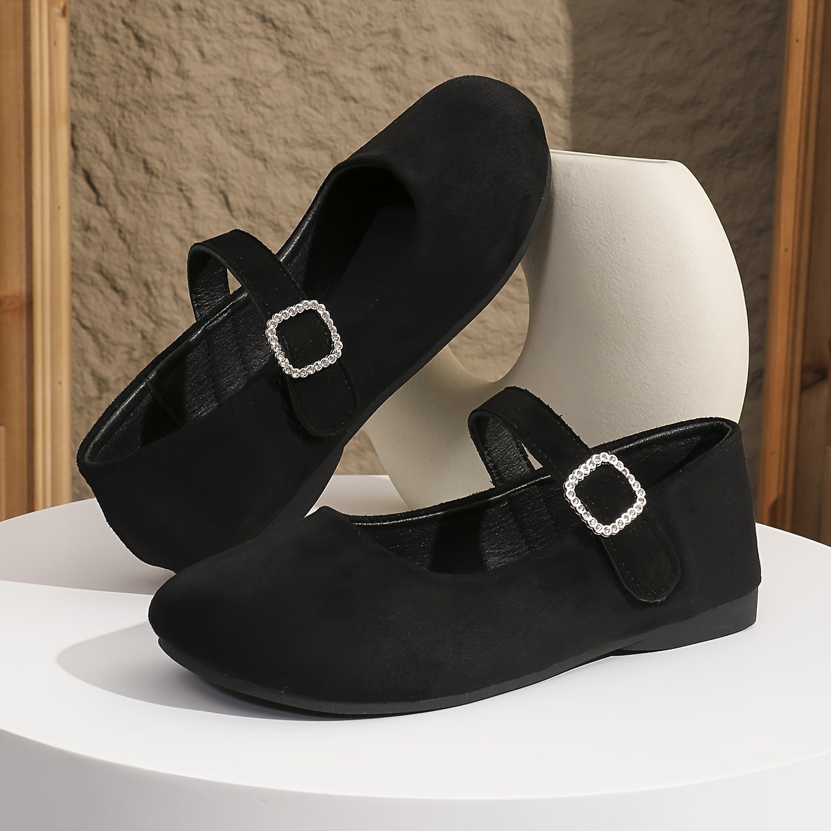 Luna | Women's solid-color ballet flats with rhinestone buckle closure