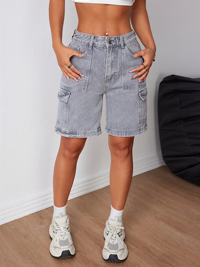 Eva | Fashionable gray denim cargo shorts with a high waist