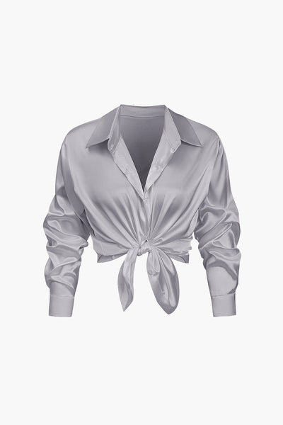 Lillian - Basic Plain Satin Women's Long Sleeve Shirt