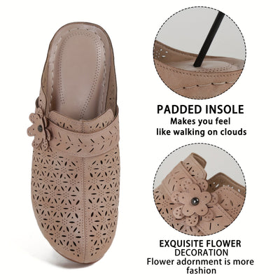 Flora | Women's mules with a thick heel and perforated floral decoration