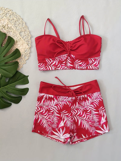 Noa | Twee-delige bikini set met bladprint en boyshorts
