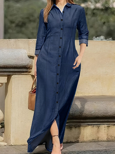 Feline | Donker gewassen blauwe maxi denim jurk