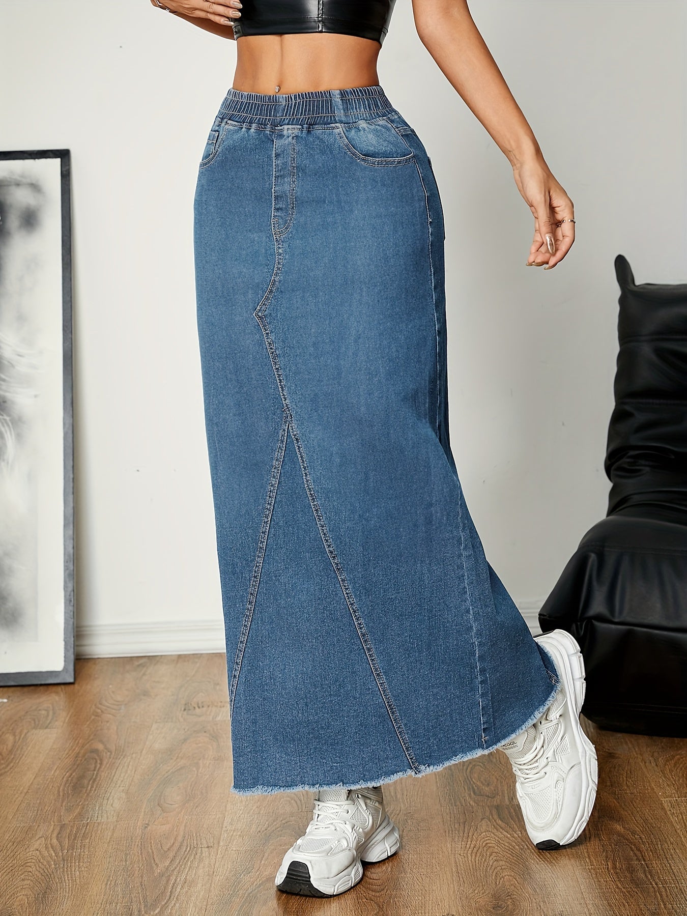 Emma | Plain washed blue streetwear maxi denim skirt