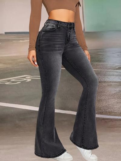 Elise | Stylish black and gray stretch flared jeans with a button detail